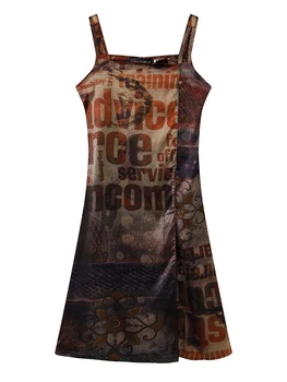Женское платье трапециевидной формы на подтяжках с графическим принтом Контрастного цвета, винтажный дизайн в стиле Харадзюку, Y2k, платье-спагетти без рукавов с открытыми плечами