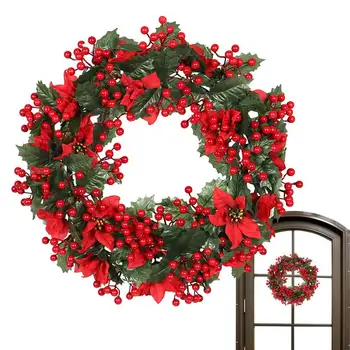 Рождественский венок из красных ягод, 19-дюймовый венок из искусственных сухоцветов для внутреннего камина, Красный дверной венок для зимних праздников