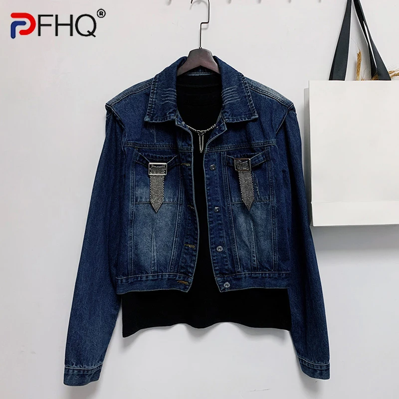 PFHQ Осенние мужские модные куртки с плиссированными наплечниками с бриллиантовым дизайном, индивидуальное Красивое износостойкое джинсовое абстрактное пальто 21Z1228 - 0