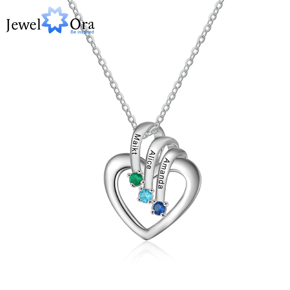 Индивидуальный кулон в виде сердца с 1-3 камнями рождения, персонализированное имя, выгравированное на цепочке, ожерелье, рождественские подарки для мам, бабушки, Наны - 0