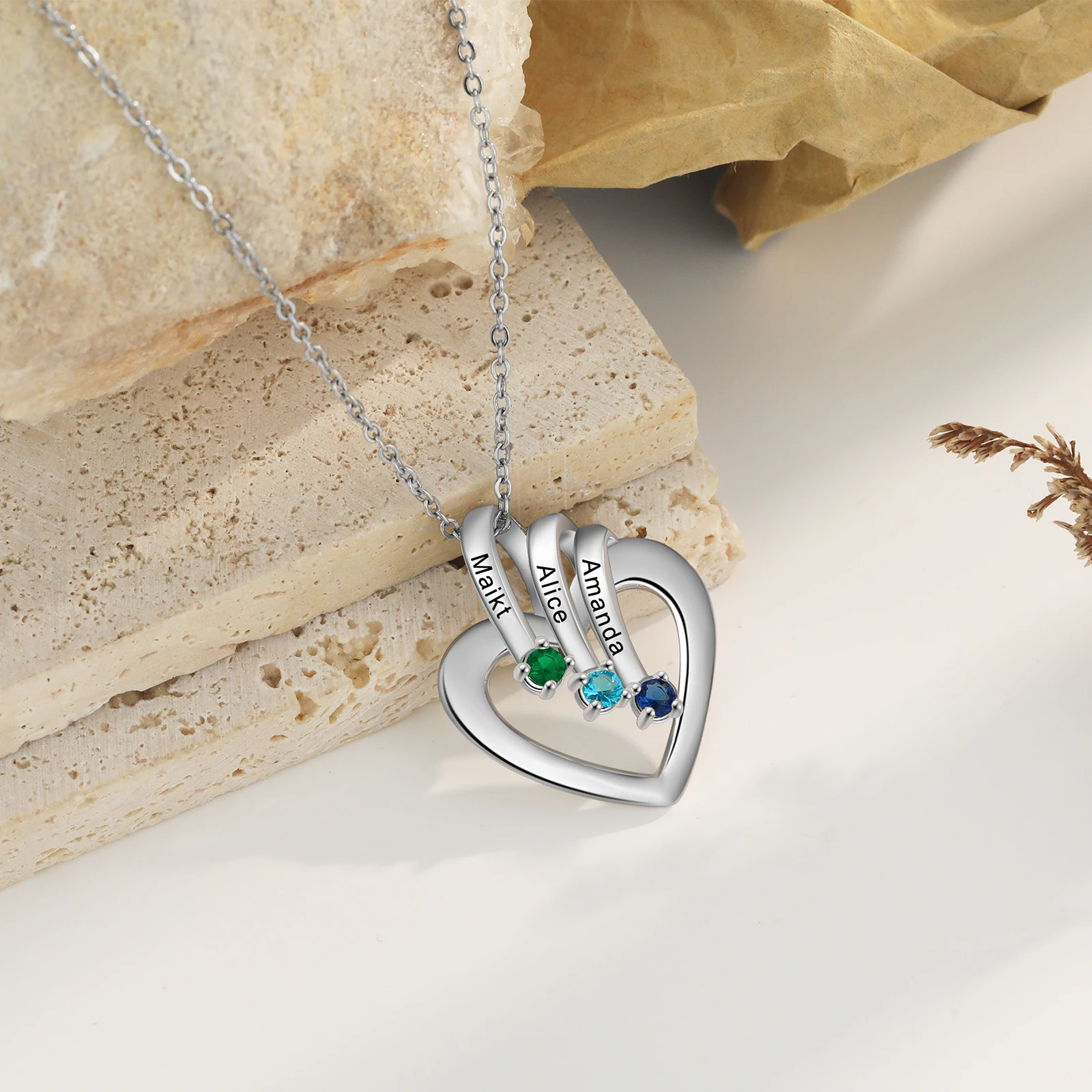 Индивидуальный кулон в виде сердца с 1-3 камнями рождения, персонализированное имя, выгравированное на цепочке, ожерелье, рождественские подарки для мам, бабушки, Наны - 3