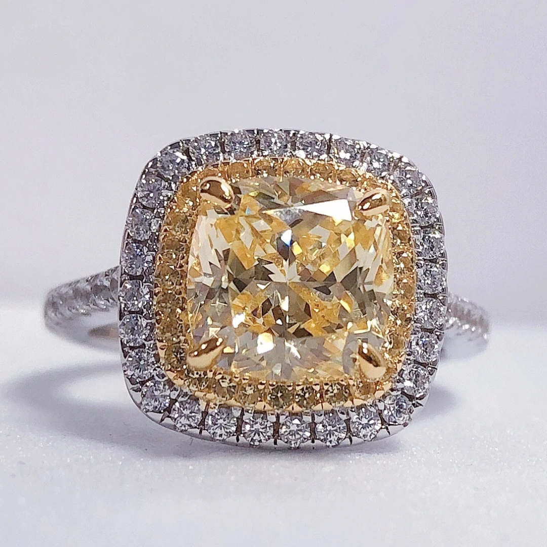 Изысканное Женское кольцо с желтым бриллиантом огранки Halo весом 2,5 карата из белого золота 18 Карат AU750 Fine Jewelry 209 - 1