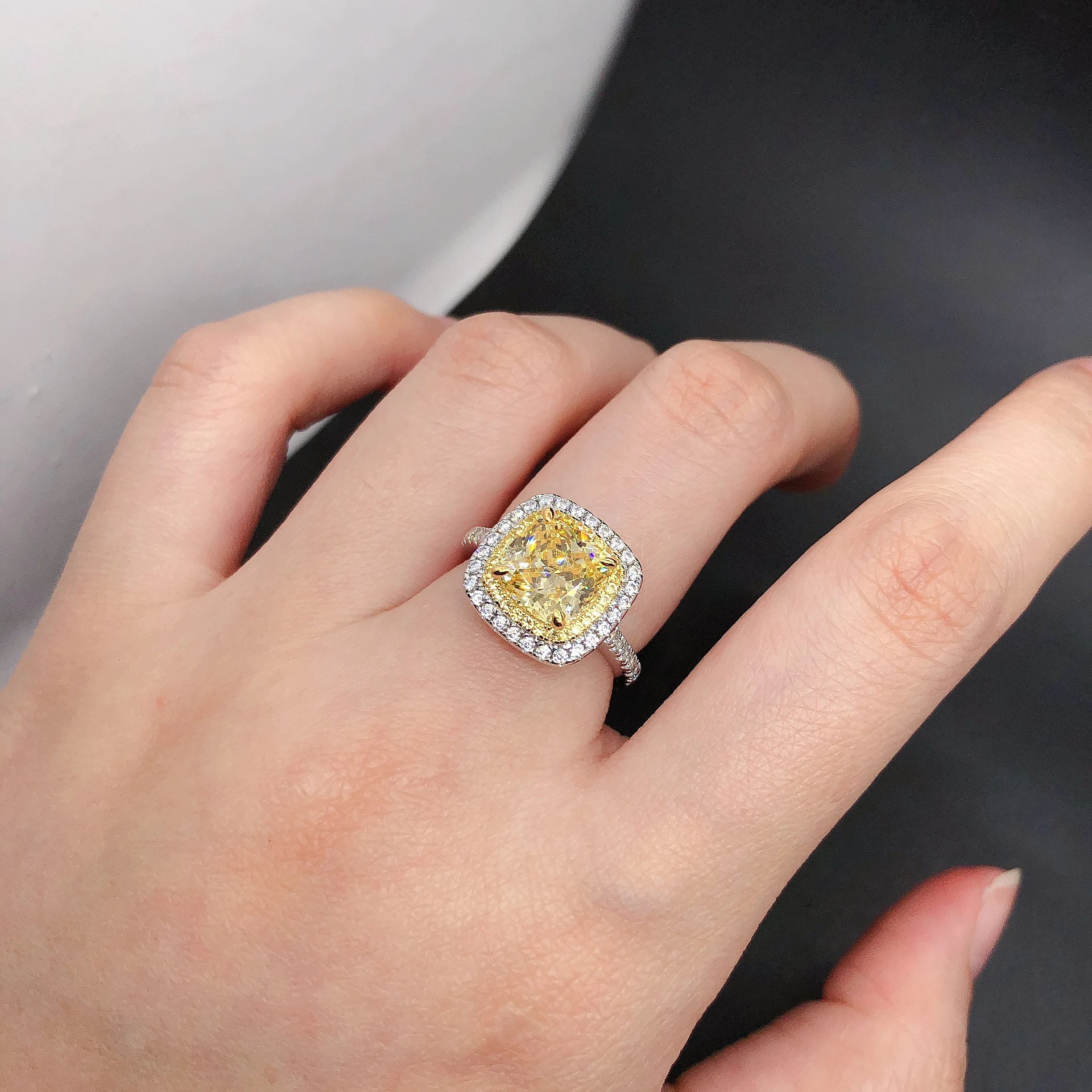 Изысканное Женское кольцо с желтым бриллиантом огранки Halo весом 2,5 карата из белого золота 18 Карат AU750 Fine Jewelry 209 - 2