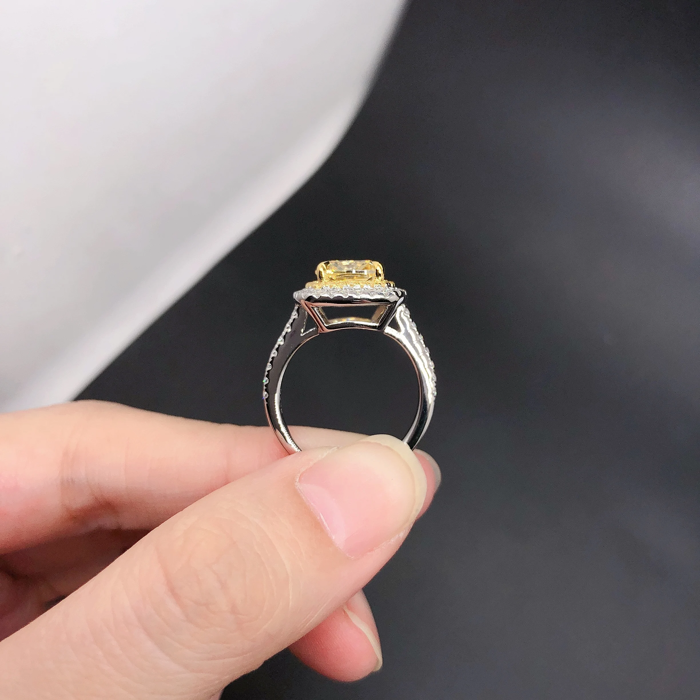 Изысканное Женское кольцо с желтым бриллиантом огранки Halo весом 2,5 карата из белого золота 18 Карат AU750 Fine Jewelry 209 - 5