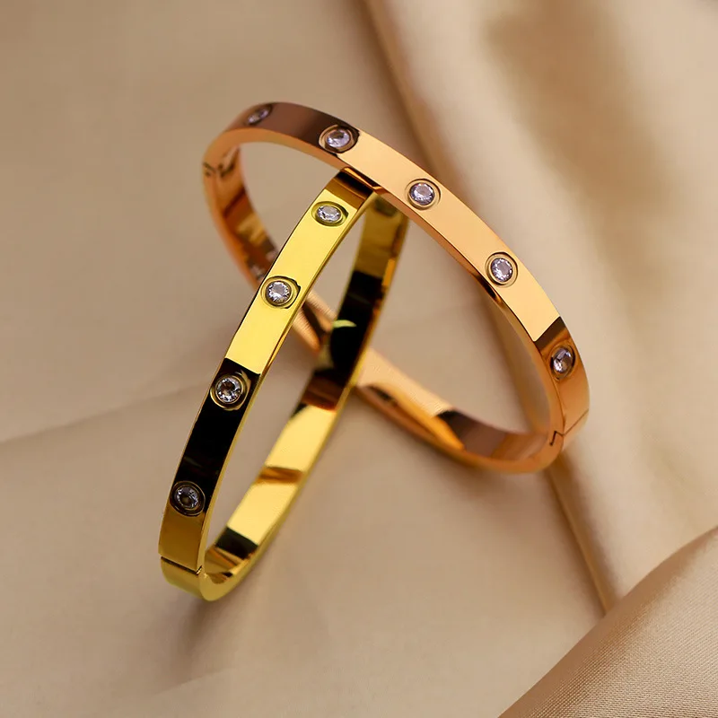Модные дизайнерские браслеты из титановой стали для женщин, браслет для влюбленных, Оправа для браслета-манжеты из Циркона, Свадебные украшения - 1