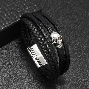 Мужской браслет, черный кожаный браслет в стиле панк с черепом, мужская магнитная застежка, многослойный тканый кожаный браслет, модные браслеты