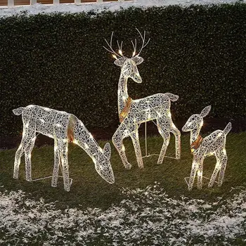 Рождественский олень, три оленя, уличные металлические светящиеся украшения со светодиодной подсветкой, светящаяся мигающая статуя Лося, блестящие пайетки, Северный олень