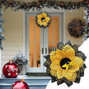 Венок из искусственного подсолнуха, декор из деревенского венка для входной двери, Аккумуляторная батарея, Рождественские гирлянды для венка