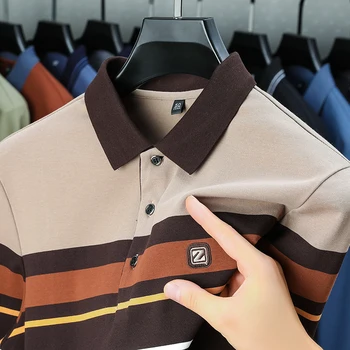 Высококачественная брендовая полосатая рубашка поло с длинными рукавами и изысканной вышивкой, осенняя модная мужская футболка с отворотом, повседневный топ против морщин