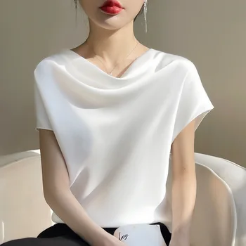 Silk Silk 2023, Летняя новая женская короткая элегантная атласная футболка с французским вырезом, простой универсальный топ с коротким рукавом