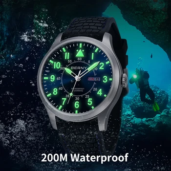 Мужские автоматические военные часы Bernie Sport 200m Diver Механические часы 48mm Pilot Люминесцентные сапфировые часы Salute