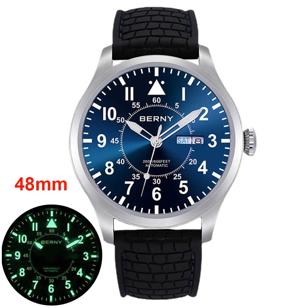 Мужские автоматические военные часы Bernie Sport 200m Diver Механические часы 48mm Pilot Люминесцентные сапфировые часы Salute - 1