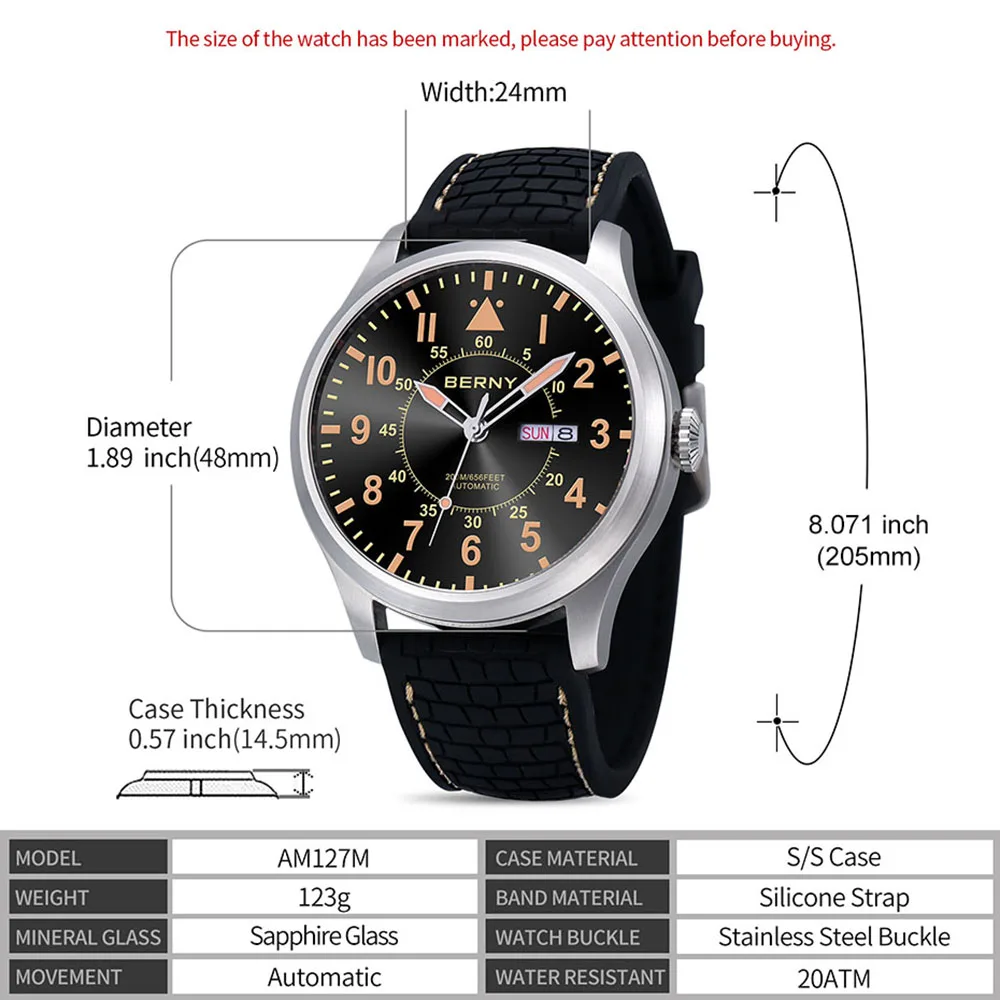 Мужские автоматические военные часы Bernie Sport 200m Diver Механические часы 48mm Pilot Люминесцентные сапфировые часы Salute - 2