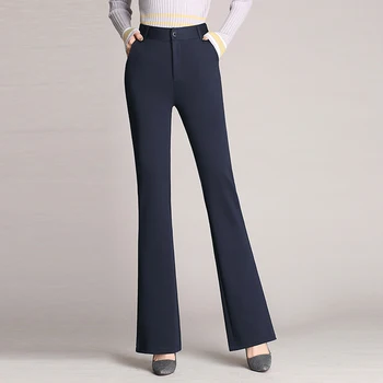 Классические винтажные брюки-клеш с высокой талией для женщин, повседневные брюки из эластичной костюмной ткани, женские прямые брюки, женские брюки большого размера