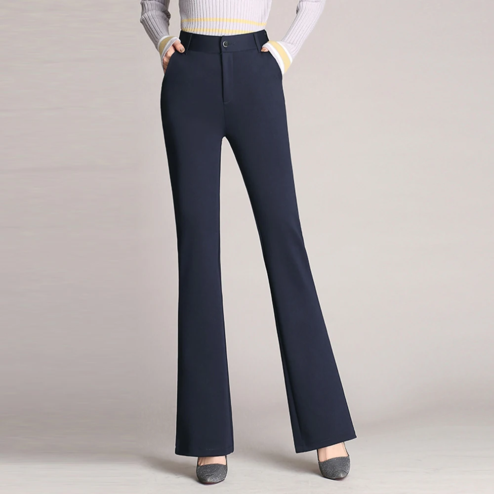 Классические винтажные брюки-клеш с высокой талией для женщин, повседневные брюки из эластичной костюмной ткани, женские прямые брюки, женские брюки большого размера - 0