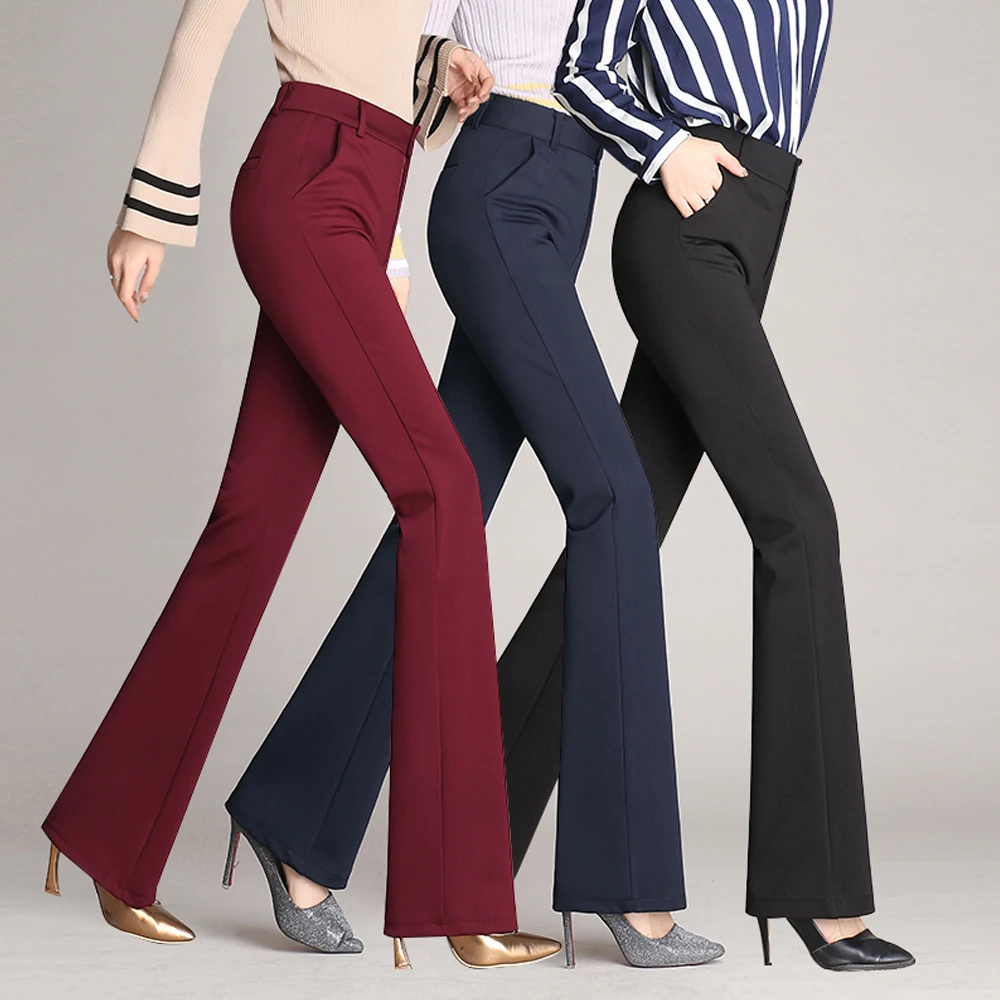 Классические винтажные брюки-клеш с высокой талией для женщин, повседневные брюки из эластичной костюмной ткани, женские прямые брюки, женские брюки большого размера - 1