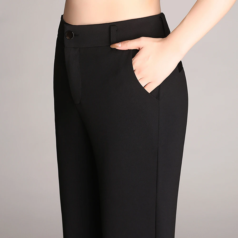 Классические винтажные брюки-клеш с высокой талией для женщин, повседневные брюки из эластичной костюмной ткани, женские прямые брюки, женские брюки большого размера - 3