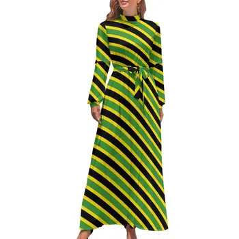 Платье с Ямайским флагом, полосатый принт, Сексуальное макси-платье на заказ с высоким воротом и длинным рукавом, Корейская мода, Богемные длинные платья