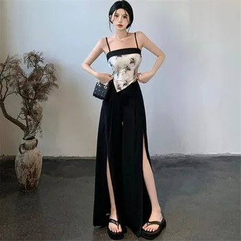 Комплекты из 2 предметов в китайском стиле в ретро-стиле, сексуальный топ с рисунком, майки, жилет и длинные Черные широкие брюки с разрезом, праздничные костюмы для горячих девушек из 2 предметов