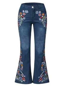 Женские джинсы-клеш с вышивкой размера плюс, повседневные джинсы-клеш для мам, осенняя уличная одежда, винтажная одежда 90-х, Летние Новые брюки с низкой талией