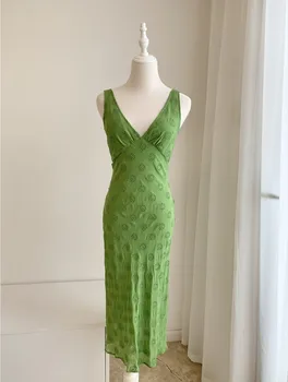 Женское облегающее платье Миди из 100% шелка с цветочной вышивкой, глубокий V-образный вырез, длинное платье без рукавов