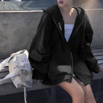 Толстовка на молнии Оверсайз, женская однотонная Корейская мода, Простая толстовка с карманами, большой размер 5xl, Poleron, Мешковатая однотонная толстовка с капюшоном, шнурок