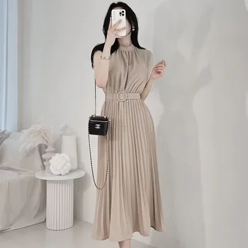 Корейская версия, Круглая без рукавов С закрытой широкой плиссированной юбкой на талии, юбка с поясом, платье