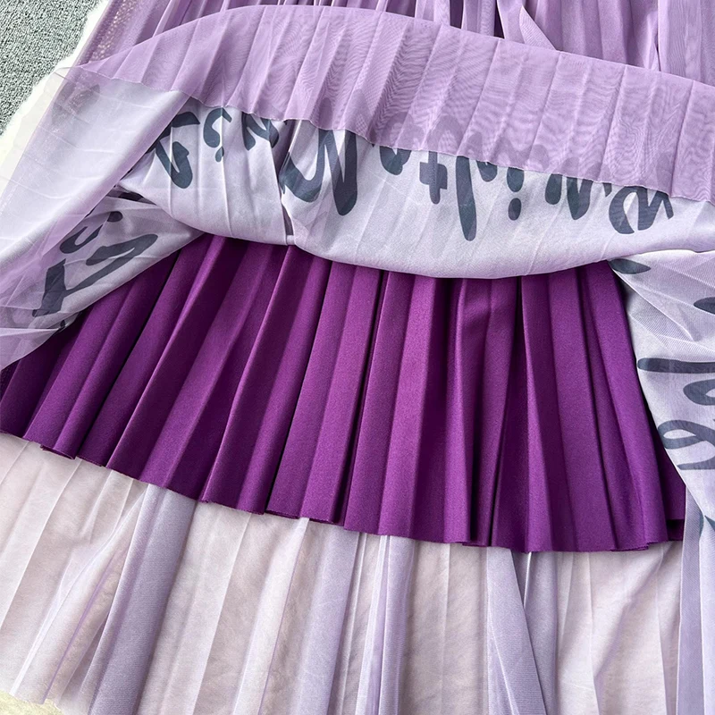 Тюлевая Милая Плиссированная юбка для женщин с Корейским буквенным принтом, Универсальная длинная юбка Миди из сетки с высокой талией, Женская Осень 2023 г. - 4
