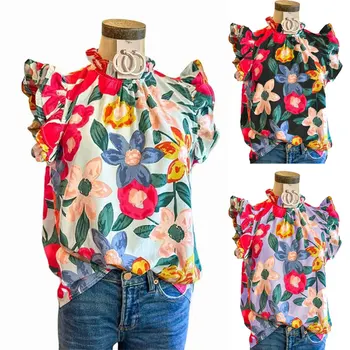 Многоцветный топ с цветочными оборками на рукавах, Женская Летняя шифоновая блузка, женский Эластичный топ с цветочным принтом, сексуальная рубашка