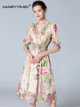 Летнее женское платье MARYYIMEI С оборками, V-образным вырезом, эластичной талией и цветочным принтом, приталенные элегантные праздничные платья