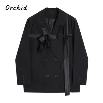 Осенне-зимний женский Новый черный блейзер 2023, пальто, Двубортный жакет в стиле пэчворк с бантом, свободная уличная одежда в корейском стиле
