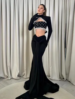 2023, Новинка, женское сексуальное облегающее платье в пол с длинным рукавом черного цвета, модное элегантное вечернее платье, расшитое бисером