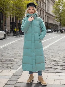 Длинное хлопчатобумажное пальто Женское 2023 Осень-зима, Новые модные Тонкие парки с капюшоном, пальто, плотная теплая одежда