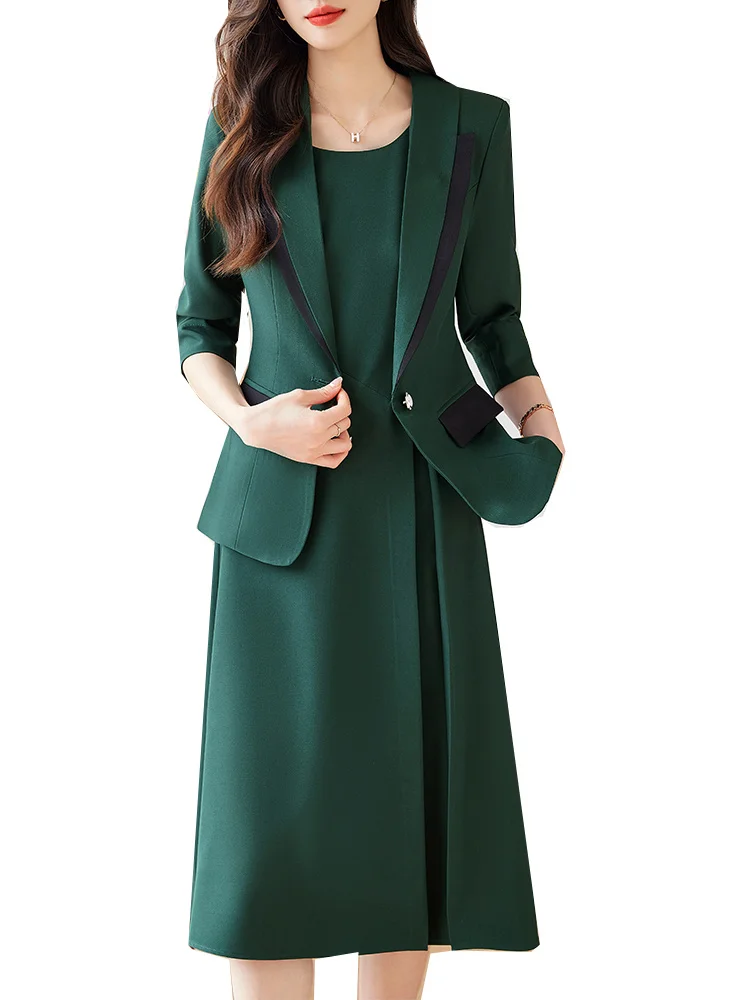 Весна-осень, женский строгий костюм с юбкой, блейзер, Хаки, Зеленый, черный, женская рабочая одежда для деловых собеседований, комплект из двух предметов - 1