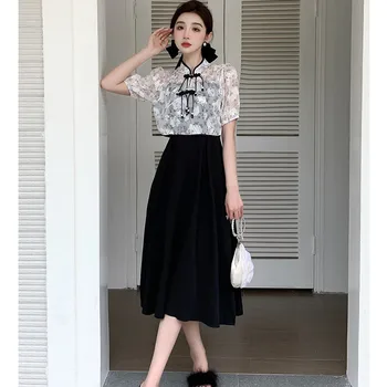 Бесплатная доставка Xia Xin, китайская жаккардовая пряжка, тонкая блузка с короткими рукавами, элегантное тонкое платье-слинг, модный комплект из двух предметов