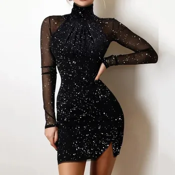 Женское Элегантное вечернее платье в стиле пэчворк, Vestidos 2023, Весенняя Водолазка, Блестящее Клубное вечернее платье, Осеннее Сетчатое Облегающее платье с длинным рукавом