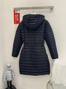 Приталенный тонкий пуховик с капюшоном и поясом, женская куртка средней длины 2023, осенне-зимнее новое теплое пальто на гусином пуху