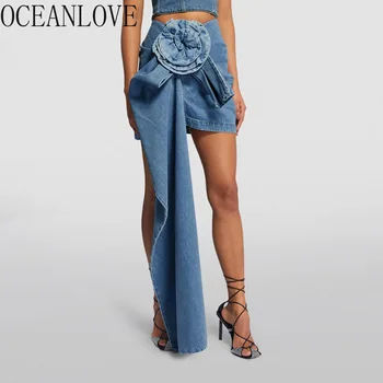OCEANLOVE, женские юбки из нерегулярного денима, цветочная однотонная весенне-осенняя винтажная элегантная модная мини-юбка Faldas Para Mujer Ins