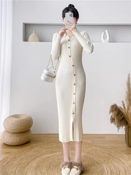 Новое элегантное Осенне-зимнее трикотажное платье, женское облегающее платье с длинным рукавом и лацканами, облегающий свитер, Vestidos Robe Femme
