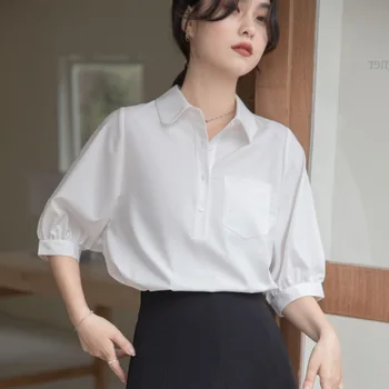 Новая летняя модная женская блузка 2023, Однотонные атласные рубашки с короткими рукавами, Элегантные минималистичные рубашки и блузки для женщин