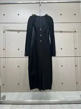 Роскошное дизайнерское Женское летнее платье на пуговицах с V-образным вырезом, черное платье с разрезом, мода для подиума 2023 года