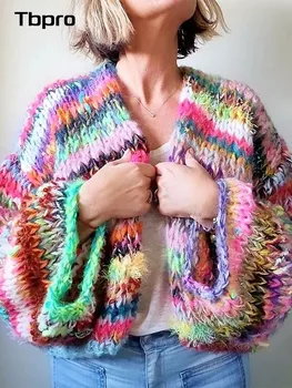 Винтажный укороченный кардиган в контрастную полоску с рукавом-фонариком, Свободные радужные вязаные топы, пальто, 2023, женский модный свитер, уличная одежда,