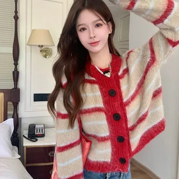 Корейский свободный свитер с длинными рукавами контрастного цвета в мягкую клеевую полоску для женщин, короткий кардиган ленивой вязки с круглым вырезом, свитер женский