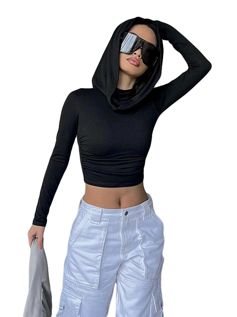Женские укороченные топы с длинным рукавом y2k, приталенная футболка с капюшоном и рюшами, модная уличная одежда - 1