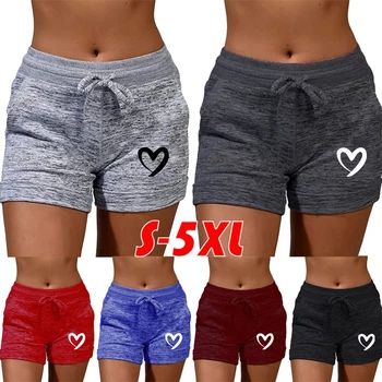 Летние женские шорты с принтом Love Heart, повседневные спортивные шорты для фитнеса с высокой талией на шнурке, 6 цветов, 5XL