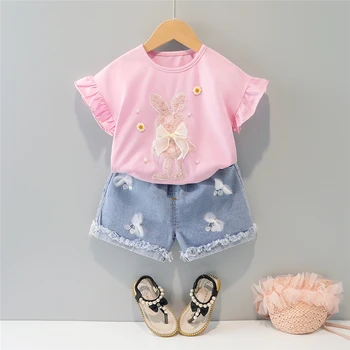 Комплекты одежды для маленьких девочек, летняя детская повседневная одежда, футболка с короткими рукавами с изображением мультяшного кролика, джинсовые шорты, детская одежда