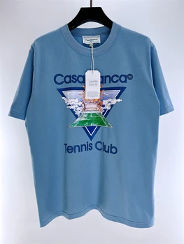 23SS Новая версия
 Футболка большого размера Casablanca Tennis Club, мужская Женская футболка с солнечным принтом, бело-синяя футболка в готическом стиле