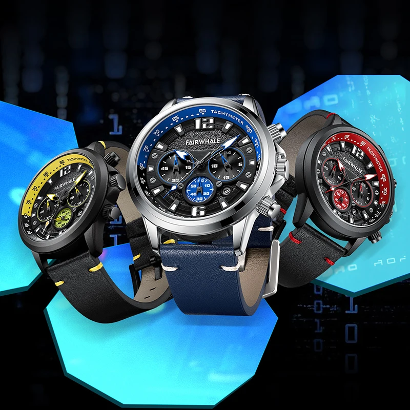 Роскошные модные часы Fairwhale с кожаным ремешком, функцией хронографа, мужские спортивные наручные часы - 1