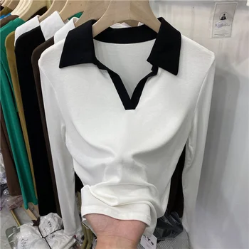 Футболка с длинным рукавом и лацканами в стиле пэчворк, женские базовые рубашки, осенняя повседневная эластичная рубашка-поло из ребристого трикотажа, топовая женская одежда Y2k