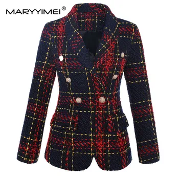 MARYYIMEI, Весенний модный дизайнерский костюм, пальто, женская двубортная повседневная куртка из грубого твида в клетку с длинными рукавами